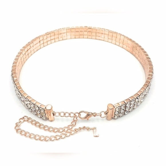 Womens "Selena" Rose Gold 3 Row Rhinestone Choker - Picture 3 of 4